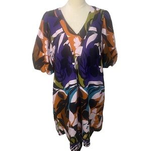 For Cynthia Linen Blend Puff Sleeve Bold Print V-neck Shirt Dress Size L